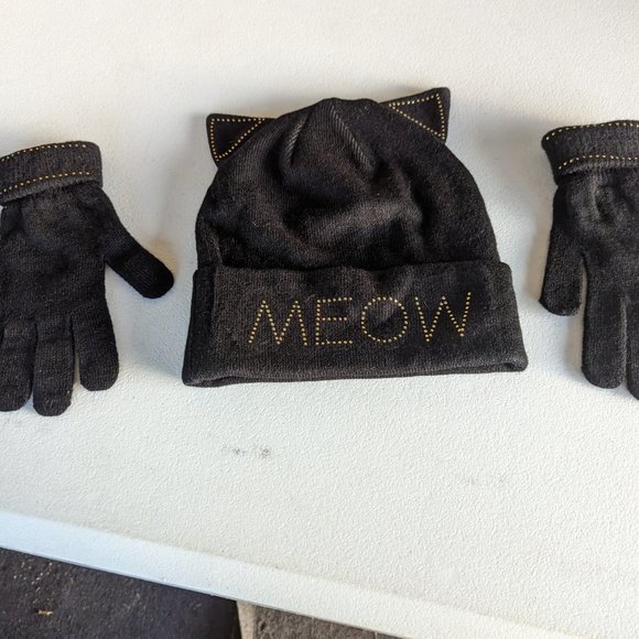 H&M Divided Beanie Hat Gold Studded "Meow" Cat Ears and Mittens Black - Picture 1 of 2